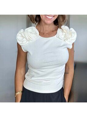 J.Crew Vintage Ribbed Floral Oversized Rosette Blouse Top Ivory Preppy Small